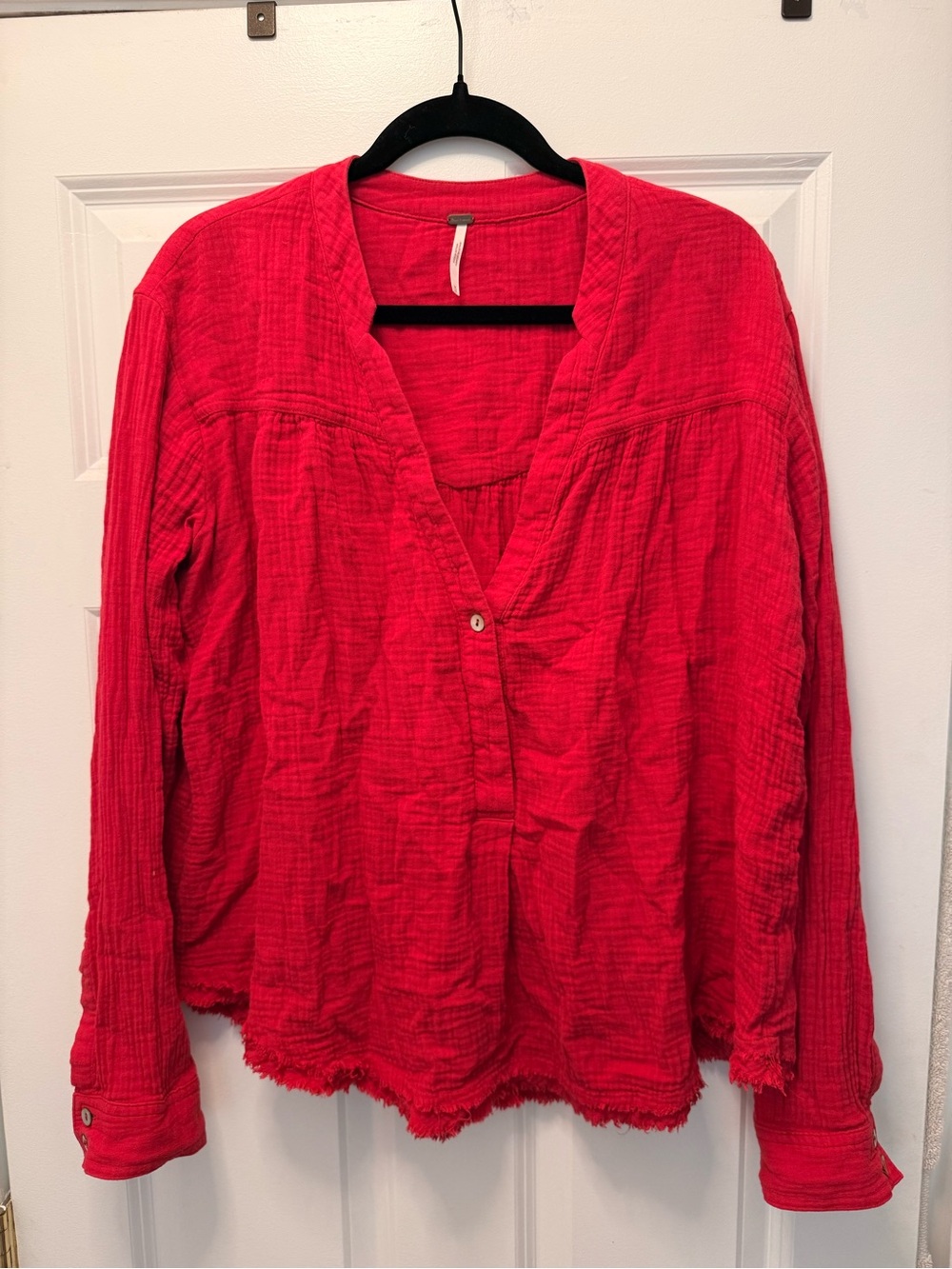 Free People Women’s Red V-Neck Gauze Button Front Top